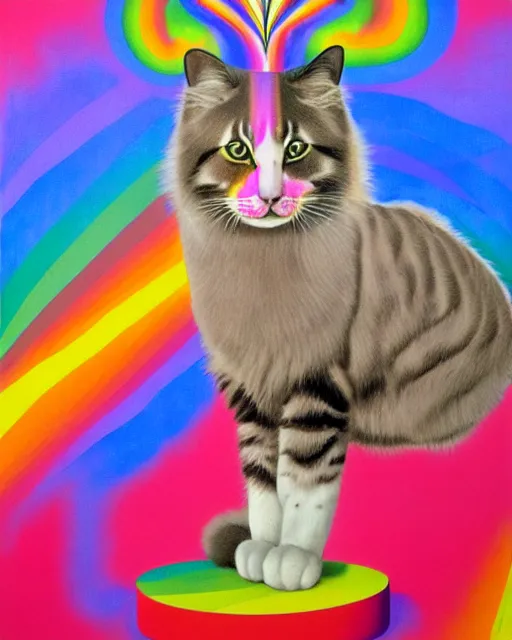 Image similar to a giant contraption for probing and amplifying the thoughts of a fluffy cat, exhibited and touted by its inventor at a county fair in rural Kansas, a Victorian lithograph, by Felipe Pantone, Lisa Frank