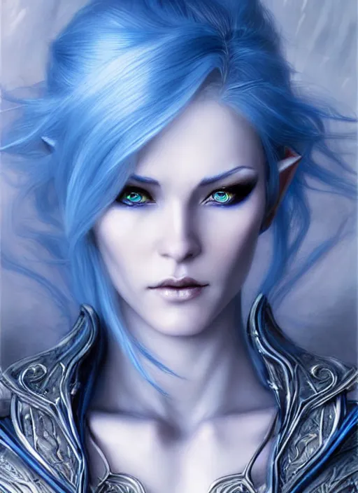 Prompt: d & d concept art of gorgeous elven woman with blue hair in the style of stefan kostic, realistic, half body shot, sharp focus, 8 k high definition, insanely detailed, intricate, elegant, art by stanley lau and artgerm, luis royo, foggy backgeound, fantasy