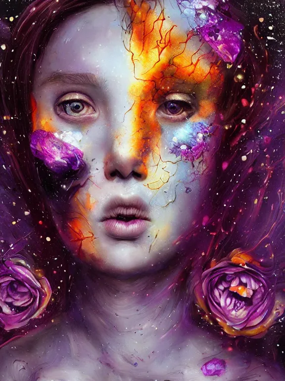 Image similar to art portrait of space decaying girl with purple eyes, with flower exploding out of head,8k,by tristan eaton,Stanley Artgermm,Tom Bagshaw,Greg Rutkowski,Carne Griffiths,trending on DeviantArt,face enhance,hyper detailed,minimalist,cybernetic, android, blade runner,full of colour