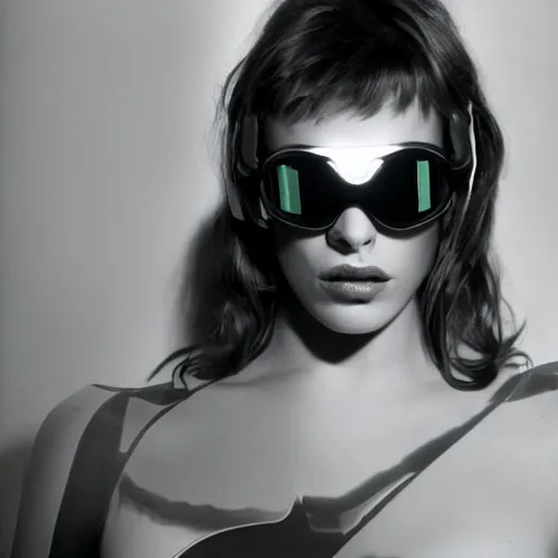 Prompt: photo of young Mila Jovovich, close up, wearing large futuristic glass and metallic chrome goggles, robotic implants over neck with small led lights, white background, fine art photography in the style of Bill Henson