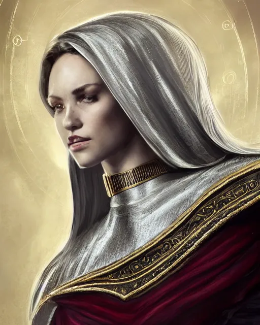 Image similar to a portrait of a muse of beauty, Elspeth Knight Errant, long flowing cape and cowl, silver and gold heavy armor, long magical staff with ruby gems, young female face, rune magic, cinematic top lighting, insanely detailed and intricate, face by wlop, Charlie Bowater, golden ratio, face close up, symmetric, elegant, ornate, luxury, elite, matte painting, MTG, magic the gathering, cinematic, cgsociety, 8k, high resolution, trending on artstation, deviantart and pinterest