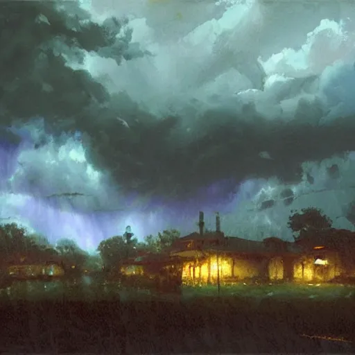 Prompt: a beautiful thunderstorm rolling over a small town, with the clouds illuminated slightly purple, ominous, eerie, craig mullins