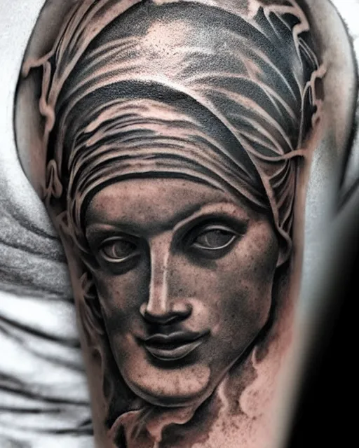 Image similar to planets emerge from the top of a broken renaissance head statue, tattoo design, hyper - realistic, in the style of tony santos