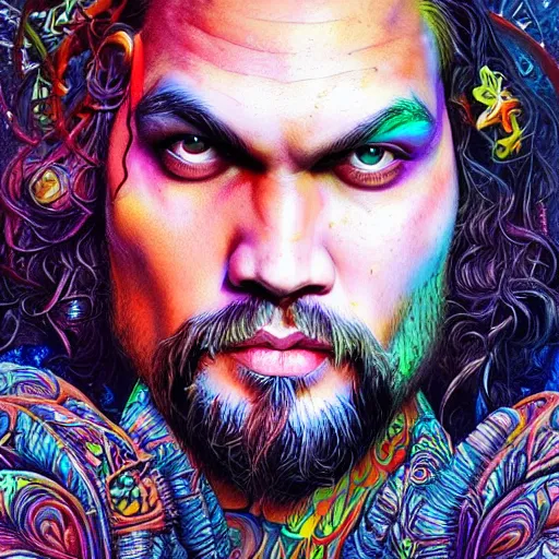 Image similar to portrait of jason momoa, hyper detailed masterpiece, neon floral pattern, jean giraud, digital art painting, darkwave goth aesthetic, psychedelic, artgerm, donato giancola and tom bagshaw