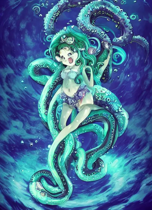 Image similar to A full shot of a Kawaii sea creature from the Abyss made of opals and oil wearing a black dress made of serpents and crystal. Fully Clothed. Under Water. Shallow Depth of Field. Tilt Shift. Symmetrical. Deepsea photography. Dark foreboding Atmosphere. Sailor Moon. Tentacles. Kawaii. Caustic refraction. Demon Horns, Angel Wings, By Lisa Frank and Giger and Ruan Jia and Artgerm and Range Murata and WLOP. Key Art. Fantasy Illustration. award winning, Artstation, intricate details, realistic, Hyperdetailed, 8k resolution.