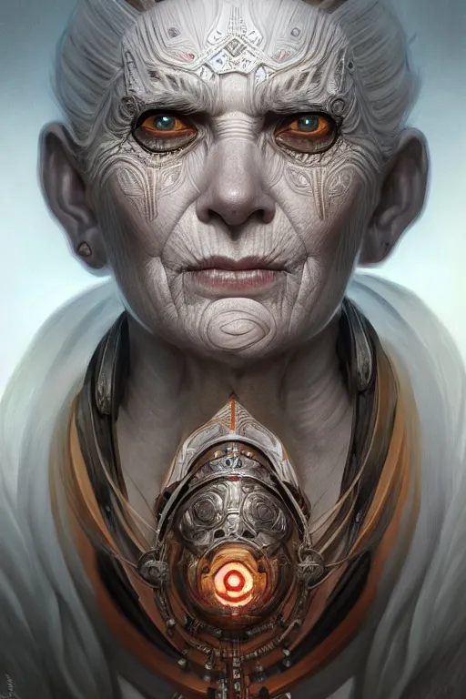 Image similar to symmetry!! portrait of an elderly grey haired woman in the style of god of war, machine parts embedded into face, intricate, elegant, highly detailed, digital painting, artstation, concept art, smooth, sharp focus, illustration, art by artgerm and greg rutkowski and alphonse mucha, 8 k