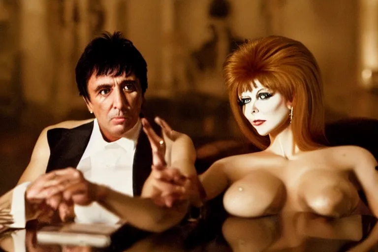 Image similar to morning light, highly detailed portrait of tony montana with elvira in his luxurious houseis atmospheric lighting, masterpiece, award winning by Emmanuel Lubezki