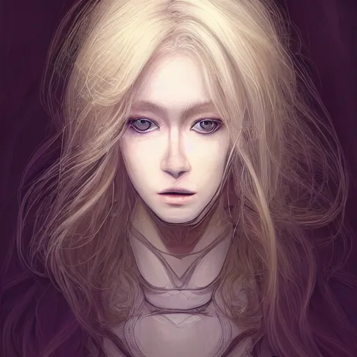 Image similar to Portrait of an androgynous blond prince in a beautiful world, pale milky white skin and long fluffy curly blond hair, symmetrically center parted curtain bangs, intricate, elegant, fantasy, highly detailed, digital painting, concept art, Junji Ito, sharp focus, illustration, beautiful volumetric lighting, epic light, artstation, magic hour lighting, colorful, sunshine, springtime, art by Sylvain Sarrailh