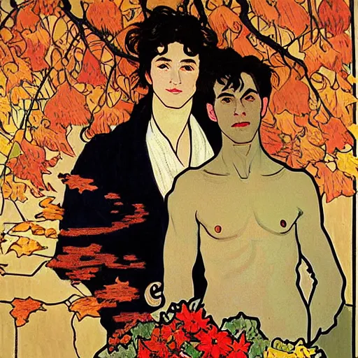 Image similar to painting of young cute handsome beautiful dark medium wavy hair man in his 2 0 s named shadow taehyung and cute handsome beautiful min - jun together at the halloween witchcraft ritual, bubbling cauldron, spells, autumn colors, elegant, modern clothing, soft facial features, delicate facial features, art by alphonse mucha, vincent van gogh, egon schiele