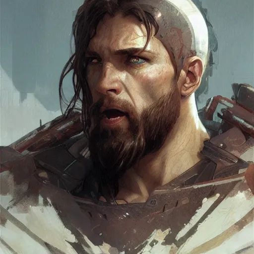 Image similar to portrait of rugged spartan, halo, muscular, d & d, concept art, art by greg rutkowski and alphonse mucha