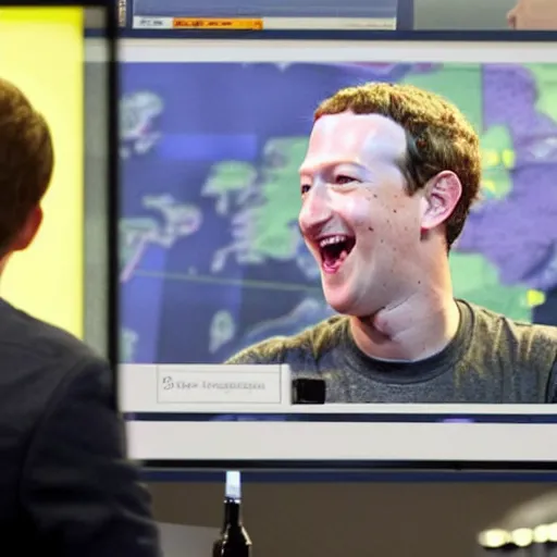 Prompt: laughing mark Zuckerberg at a busy military situation room with giant monitors. Cross hairs and military vision are on the screens.