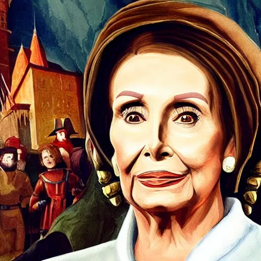Prompt: nancy pelosi standing in front of 1 6 th century backdrop replacing vigo the carpathian, scourge of moldavia. she ominously stares. painting by lou police for ghostbusters 2.
