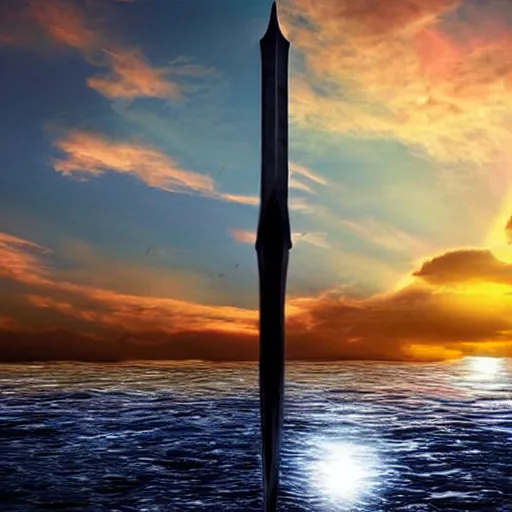 Image similar to a floating sword in front of a sunrise, extremely realistic and beautiful