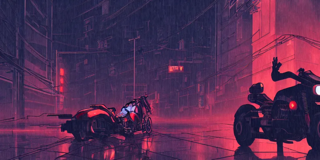 Image similar to twilight lighting, moody, atmospheric, solarpunk, kaneda and his motorcycle from akira, rainy, in the art style of neon genesis : evangelion, 8 0 s anime style, by ghibli studio and victor ngai, ghost in the shell art style, akira artstyle, pixar highly detailed, 8 k h 5 7 6