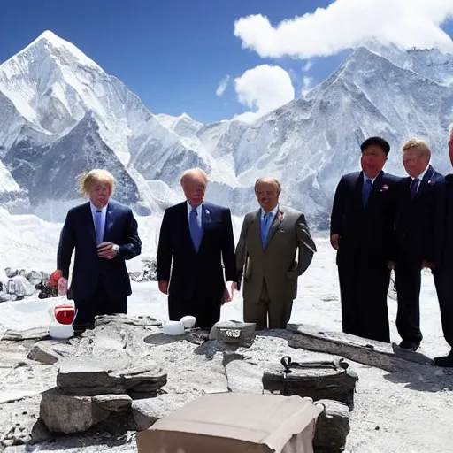 Prompt: kim jong - un, president joe biden, boris johnson, and vladimir putin enjoying earl grey tea at mount everest base camp, minimalist