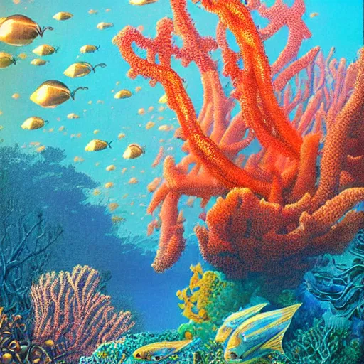 Image similar to a beautiful painting of an enchanting coral reef filled with exotic fish and magical energy by moebius and bruce pennington, studio ghibli art, gradient shading