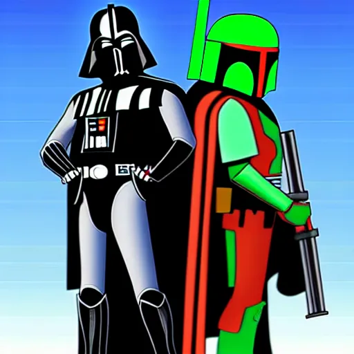 Image similar to cartoon of darth vader and boba fett standing proudly shoulder to shoulder