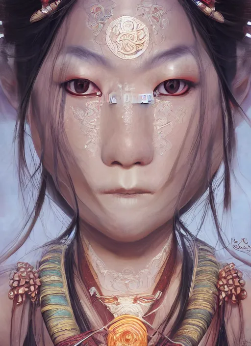 Image similar to a beautiful detailed oil on copper art illustration of a waka onna mask shogun woman, centered, by charlie bowater, zeng fanzh, trending on artstation, dim dusk lighting, cinematic lighting, detailed lighting, volumetric lighting, realistic, f 8, 4 k hd wallpaper