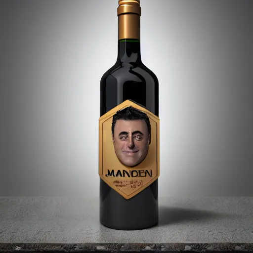 Prompt: matt leblanc face as label!!!! on a wine bottle body, 3 d, octane render