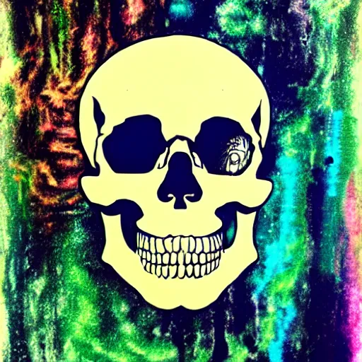 Prompt: human skull, trippy, glitch, paint dripping, miyazaki