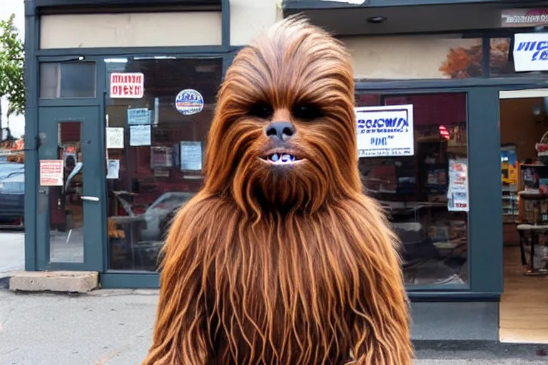 Prompt: chewbacca wearing a weave in front of a pawn shop