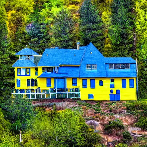 Prompt: landscape shot of a blue and yellow two-story house on a hill, hyper realistic, 4k, HDR