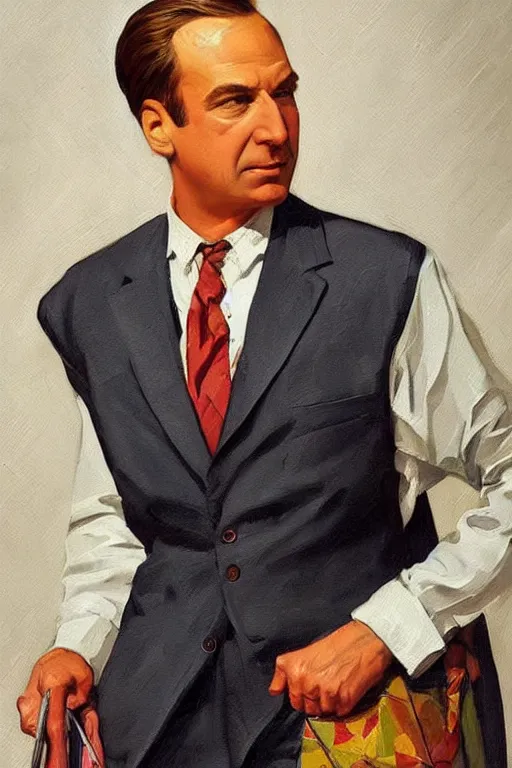 Image similar to sharp saul goodman wearing colorful suit, painting by jc leyendecker!!!, angular!!!, triangle brush strokes, ( painterly ), vintage, crisp!