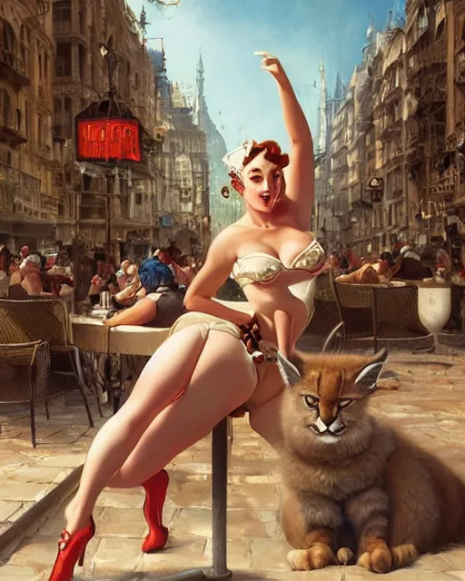 Image similar to pinup photo of cute fluffy caracal in the crowded square of the city, by greg rutkowski, gil elvgren, enoch bolles, kezie demessance, glossy skin, pearlescent, very coherent, very detailed