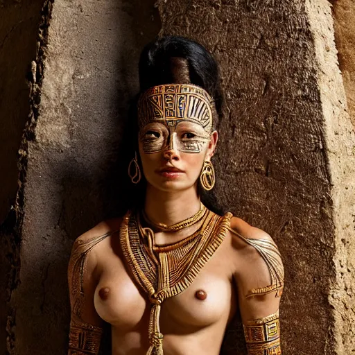 Image similar to A perfect Mayan female goddess stands for a waist up portrait with her body sightly wrapped in thin gold wire creatively arranged so as to look like Mayan Hieroglyphic tattoos, in an abandoned barn, hyper photo realistic 8K HD HDRI, photo by Annie Leibovitz.