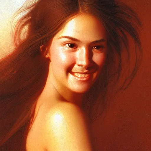 Image similar to Facial portrait of a cute shy woman, looking away from the camera, seductive smile, sparkle in eyes, mouth slightly open, lips slightly parted, long flowing hair, no hands visible, intricate, extremely detailed painting by Henry Justice Ford and by Greg Rutkowski and by Moebius, golden hour