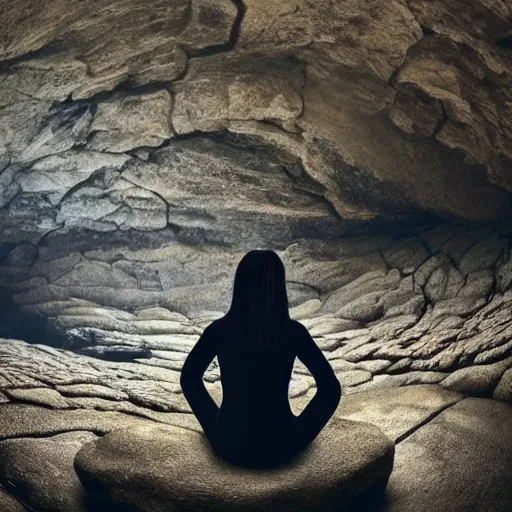 Image similar to Woman sitting under a ginormous rock overhead, partially cupping her hands, gesturing it outward!!!!! to the camera!!!!!, in a rainy environment, fisheye!!!!! lens!!!!!, rainy and wet atmosphere, closeup, dark and grim lighting, trending on artstation, 4k, 8k