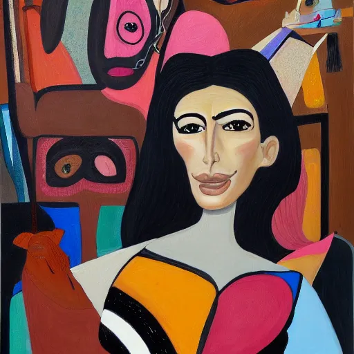 Image similar to portrait of kim kardashian painted in the style of george condo, intricate, dark, highly detailed, oil on canvas, terrifying, brilliantly colored, 8 k