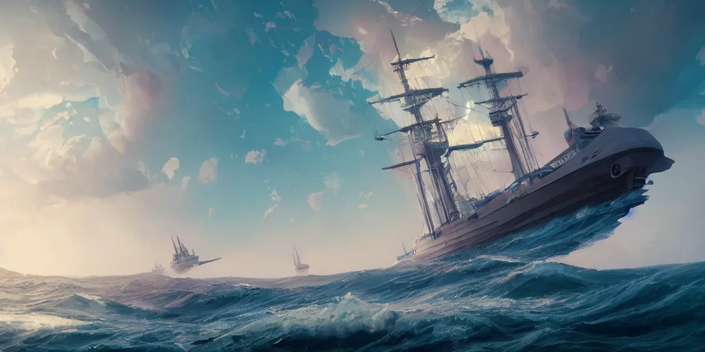 Prompt: painting of ship sailing towards a vast ocean, intricate abstract. delicate artwork. by tooth wu, wlop, beeple, dan mumford. octane render, trending on artstation, greg rutkowski very coherent symmetrical artwork. cinematic, hyper realism, high detail, octane render, 8 k, depth of field, bokeh. chrome accents.