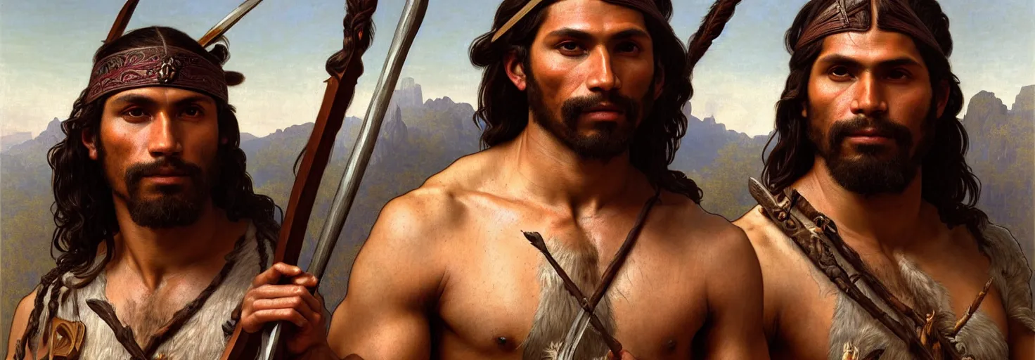 Image similar to renaissance upper body portrait of a gruff ranger with a spear, American Indian Native American Indigenous, lean and toned, handsome face, hairy chest, D&D, intricate, elegant, highly detailed, digital painting, artstation, concept art, matte, sharp focus, illustration, art by da Vinci, Artgerm and Greg Rutkowski and Alphonse Mucha