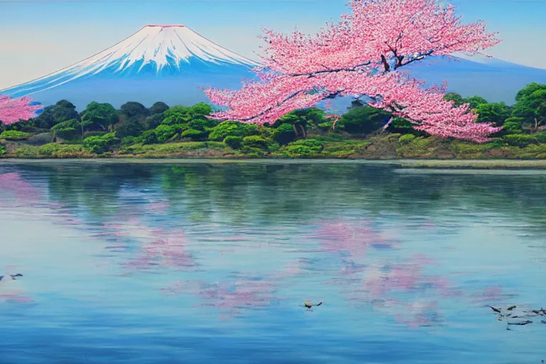 Prompt: mount fuji, view from behind lake, sunny morning, photorealistic landscape, oil on canvas, standing under blossoming cherry trees