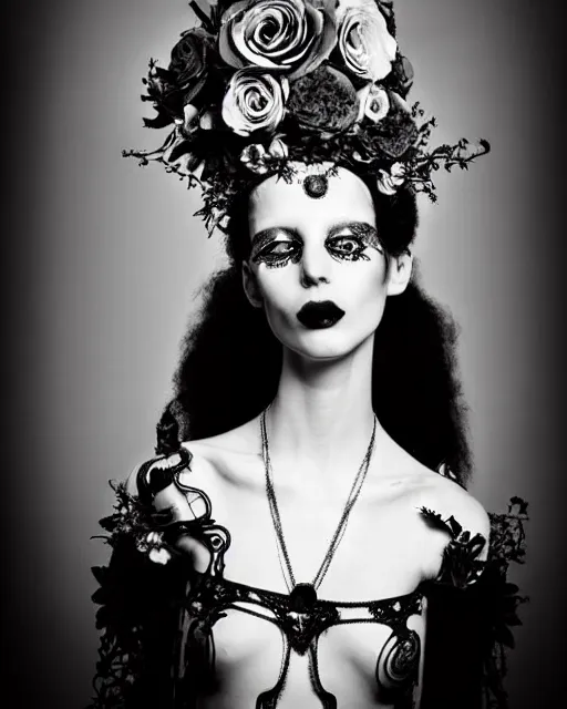 Image similar to dreamy surreal poetic black and white photo of a beautiful young silver bio-mechanical-female-vegetal-cyborg with a very long neck and a super big gothic lace collar and a very high big floral crown with many black dry roses by Vivienne Westwood:: smoke, high fashion, haute couture, rococo, avant-garde, silver filigree details, anatomical, facial muscles, cable wires, microchip, elegant, dreamy, hyper realistic, 150 mm lens, soft rim light, octane render, unreal engine, picture was taken in 1910 by Man Ray, volumetric lighting, dramatic light,8k,