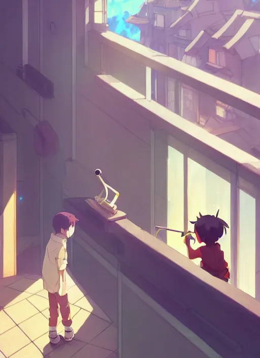 Image similar to boy teaching a girl using telescope on the balcony timidly, illustration concept art anime key visual trending pixiv fanbox by wlop and greg rutkowski and makoto shinkai and studio ghibli