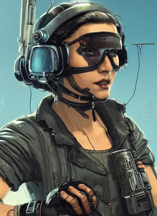 Prompt: Beautiful Maria. Gorgeous female cyberpunk mercenary wearing a cyberpunk headset, military vest, and jumpsuit. gorgeous face. Concept art by James Gurney and Laurie Greasley. Moody Industrial skyline. ArtstationHQ. Creative character design for cyberpunk 2077.