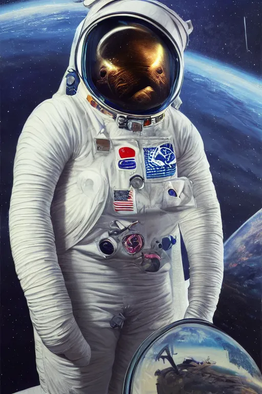 Prompt: whale shaped astronaut suit, oil on canvas, intricate, portrait, 8 k highly professionally detailed, hdr, cgsociety