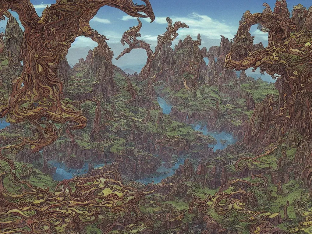 Image similar to fantasy landscape made by moebius with a 8 eyed humanoid god dealing cards over a medieval field