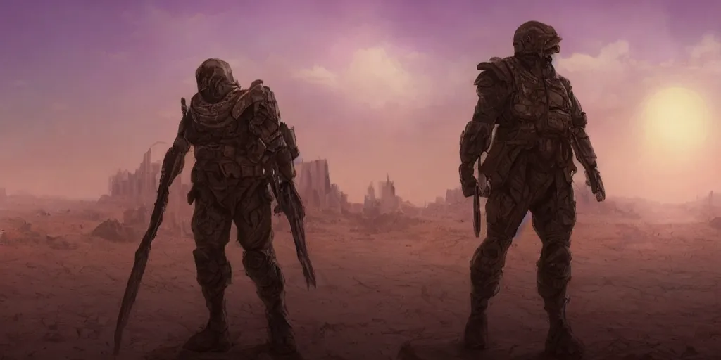 Image similar to detailed concept illustration, matte painting, strong muscular older soldier roaming through desert with city in the skyline, two suns, purple sky orange colors, ant aliens at the horizon, sharp focus, illustration, highly detailed, digital painting, concept art, matte, art by wlop and artgerm and greg rutkowski, masterpiece