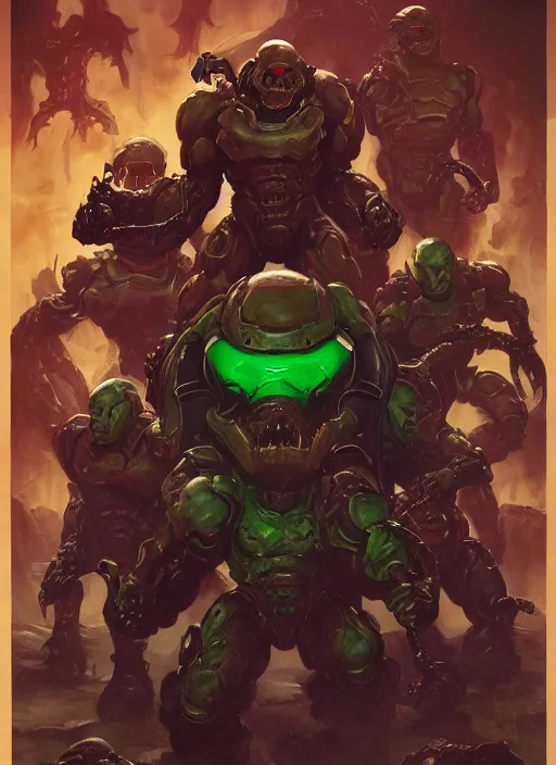 Image similar to ( doom ) cover featuring doom guy!! doom marine!! surrounded by demons, by kenneth scott, artstation, vivid gaze