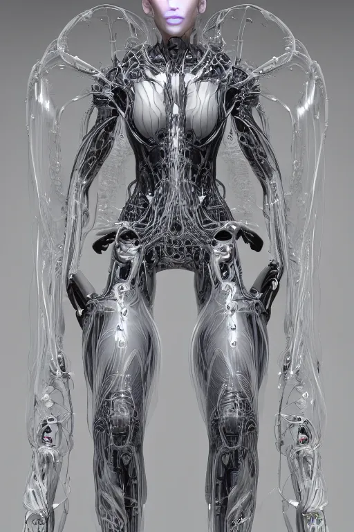 Prompt: iris van herpen, perfect symmetrical body, full body shot, inflateble shapes, wires, tubes, veins, jellyfish, white biomechanical details, wearing epic bionic cyborg implants, masterpiece, intricate, biopunk, vogue, highly detailed, artstation, concept art, cyberpunk, octane render