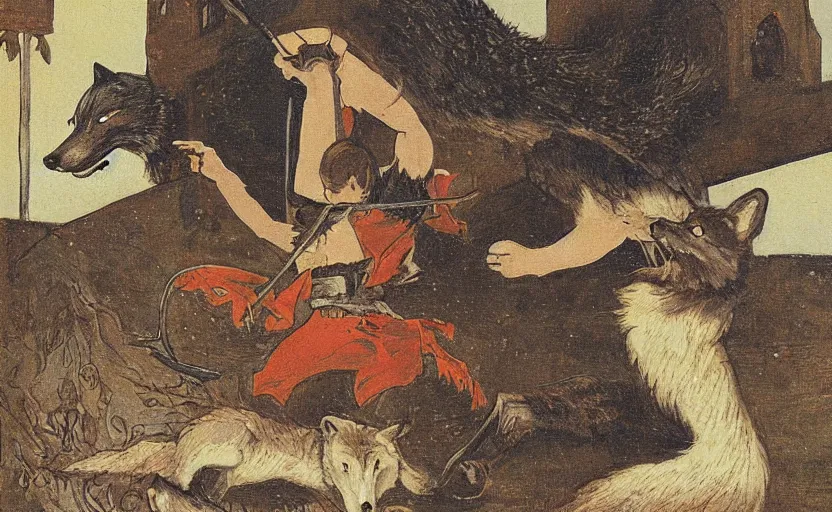 Prompt: a boy fighting a wolf on the edge of a clocktower, by moebious gouache, print