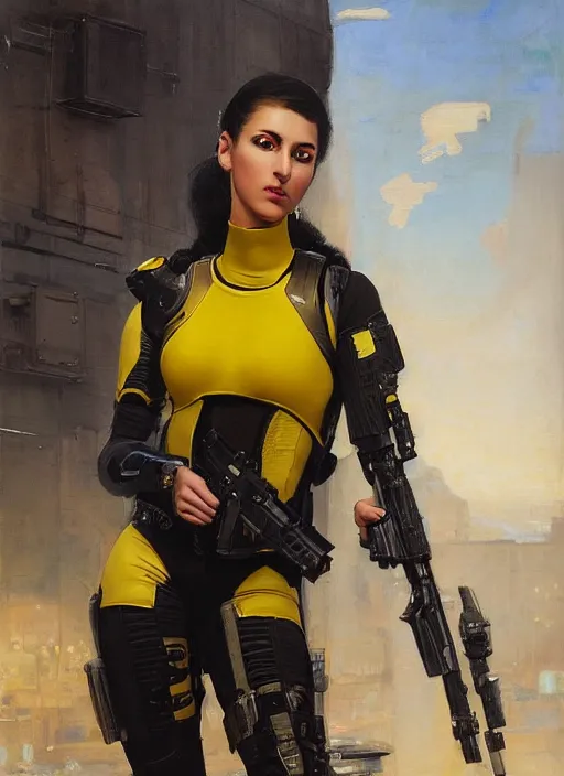 Prompt: Sophia Anders. beautiful cyberpunk female USN marine wearing a military vest and a black and yellow tactical jumpsuit (cyberpunk 2077, bladerunner 2049). gorgeous face. Iranian orientalist portrait by john william waterhouse and Edwin Longsden Long and Theodore Ralli and Nasreddine Dinet, oil on canvas. Cinematic, hyper realism, realistic proportions, dramatic lighting, high detail 4k