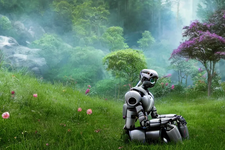 Image similar to professional photo of highly-detailed robot sitting cross-legged with its head pointing down, on a small hill, in a fantasy forest with blooming trees and surrounded my wildlife, river flowing beside the robot, 4k, highly detailed, Unreal Engine