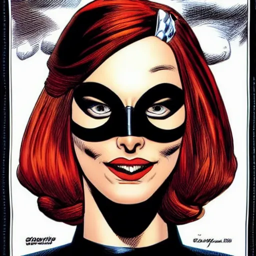 Prompt: Brian Bolland comic art, stunning female Actress Audrey Plaza, spy, eye patch over left eye, evil smile, symmetrical face, symmetrical eyes, tailored clothing, long straight blonde hair, full body, Winter night