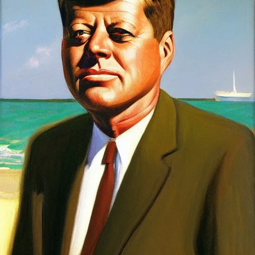 Image similar to portrait of john f kennedy, older, graying hair, standing on a beach, oil on canvas by edward hopper 1 9 8 0
