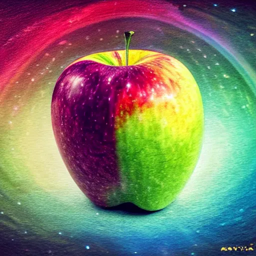 Prompt: a a rainbow apple on a galaxy coloured table in the style of waya steurbaut made by waya steurbaut an rendered in a program waya3d, cinematic, epic, legendery, dark comedy, fun, inspiring, mind blowing camer shot sharp focus, detailed, digital painting, artstation, concept art, sharp focus, illustration, art by wlop and greg rutkowski