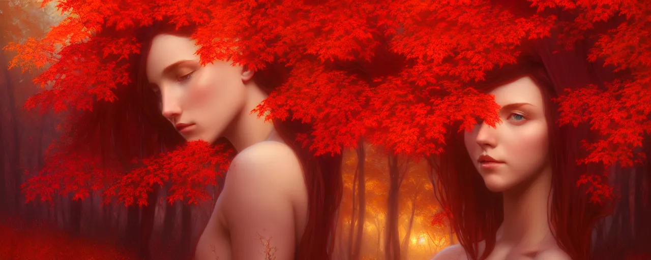 Prompt: autumn landscape with red trees, a girl with with hair becoming autumn red leaves, intricate, dreamy, digital painting, artstation, concept arti, unreal engine 5, 8 k, art by artgerm and greg rutkowski and alphonse mucha